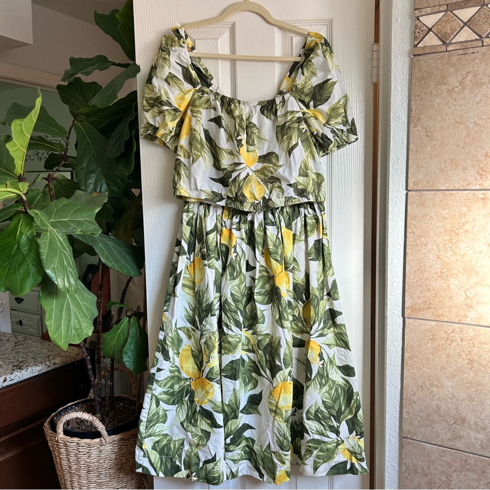 H&M lemon print two piece set cropped top a line skirt yellow green dolce and